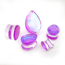Load image into Gallery viewer, Faceted Purple Iridescent Glass Teardrop Plugs
